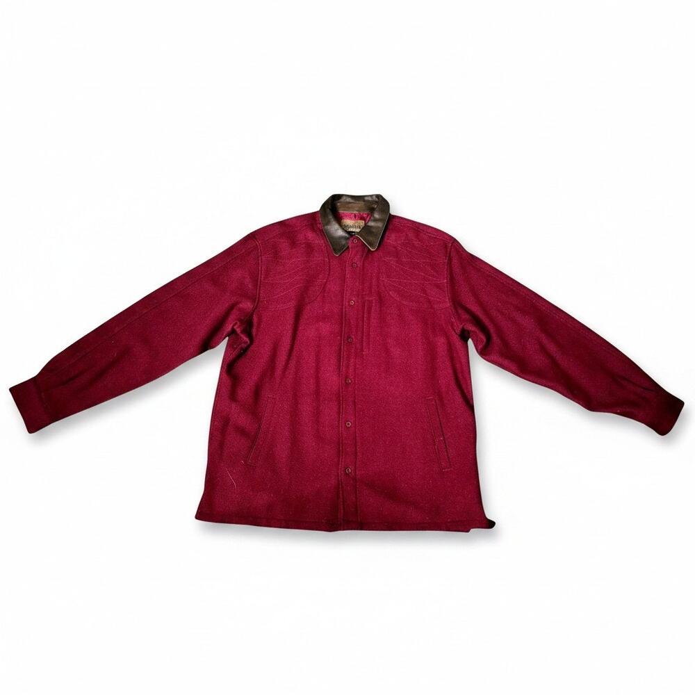 Cabela’s Wool Hunting Jacket Leather Collar Red Barn Coat Shirt Jacket Mens L